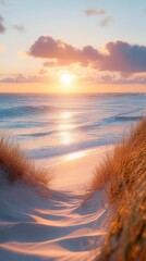 Serene Coastal Sunset: Golden Hour Beach Scene with Sand Dunes