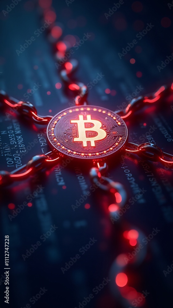 Poster a glowing cryptocurrency coin surrounded by blockchain chains, representing the security and decentr