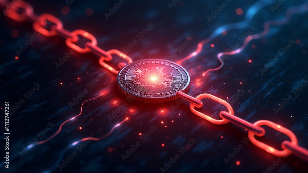 Poster a glowing cryptocurrency coin surrounded by blockchain chains, representing the security and decentr