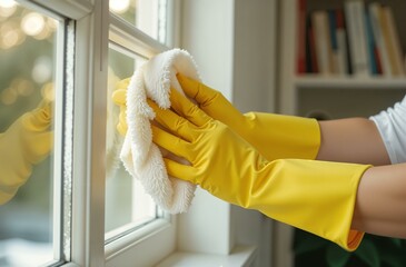 A person who is wearing bright yellow gloves is diligently cleaning a window using a cloth, making sure to wipe away any dirt or smudges that may be present on the glass surface