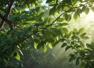 Green coffee leaves on the branches of a young tree, green leaves, branch