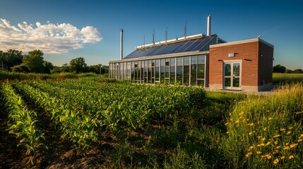Fototapeta premium Greenhouse stands amidst rows of crops under a clear blue sky in a rural landscape at sunset