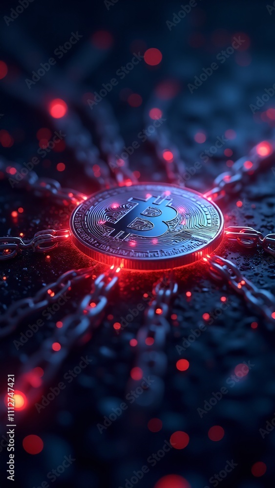 Poster a glowing cryptocurrency coin surrounded by blockchain chains, representing the security and decentr
