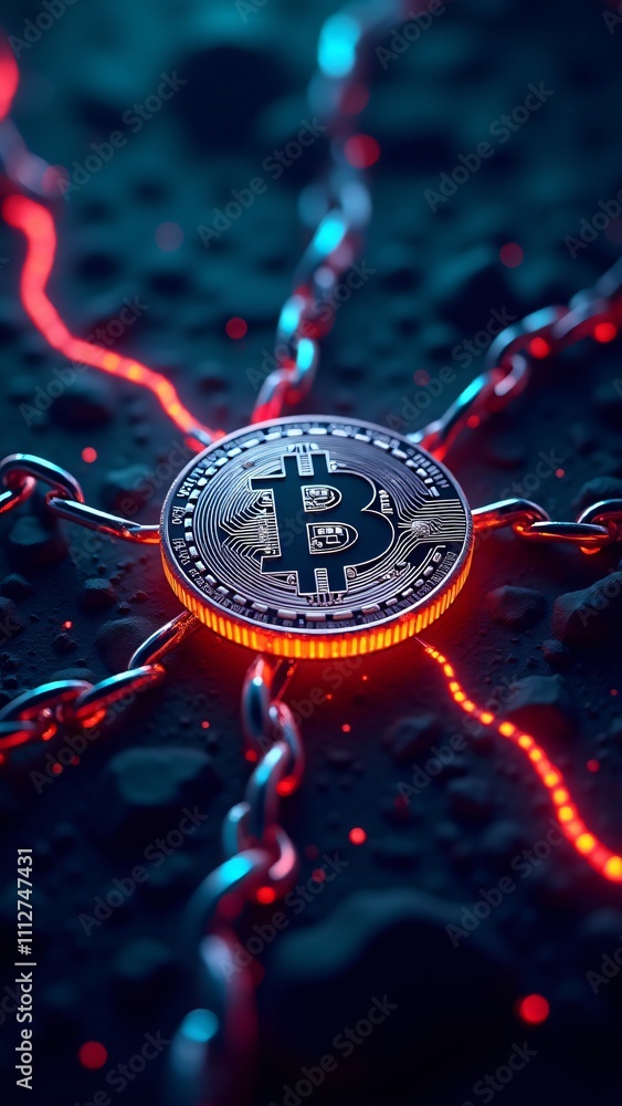 Poster a glowing cryptocurrency coin surrounded by blockchain chains, representing the security and decentr
