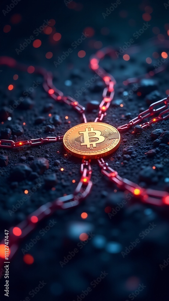 Poster a glowing cryptocurrency coin surrounded by blockchain chains, representing the security and decentr