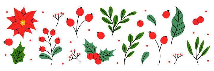 Set of vector hand drawn Christmas plants. Winter berries and leaves, fir, flowers, Xmas decor. Christmas botanical collection for invitations, greeting card, textile, fabric, posters. Floral print © m_matvi