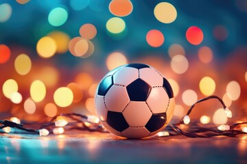Naklejka premium A classic black and white soccer ball is surrounded by twinkling fairy lights, with colorful bokeh creating a dynamic and exciting atmosphere suggesting energy and play.