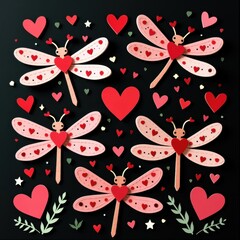 Fototapeta premium Valentines Day Dragonfly Hearts Papercut Art Decor