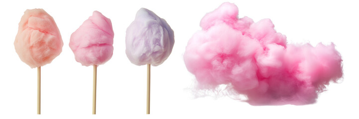 Fototapeta premium Set of cotton candy on a stick, on a transparent background. 