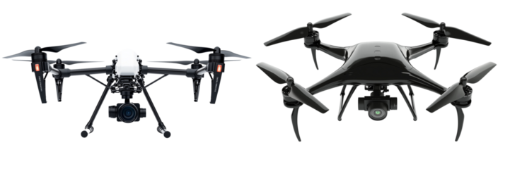 Set of drone with camera, isolated on transparent background.