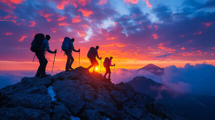 Group of hikers ascending a mountain peak during a colorful sunset in a stunning natural landscape. Generative AI