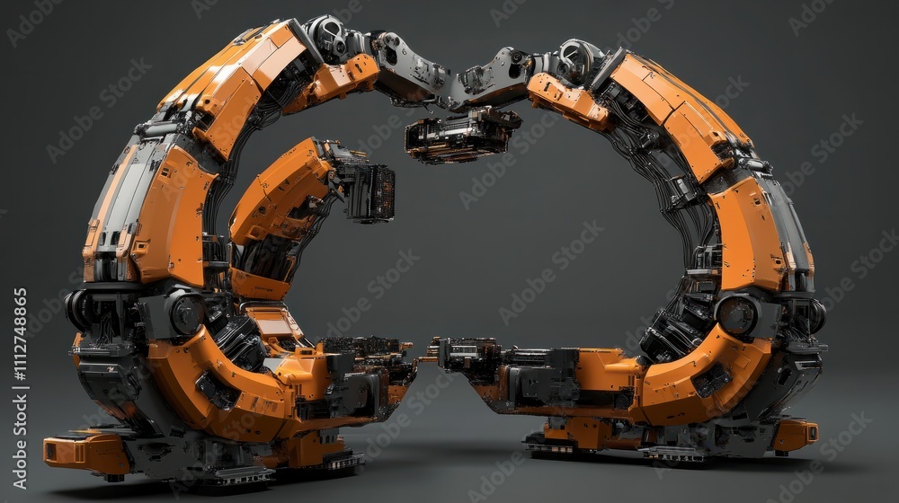 Poster precision robotics, synchronized robotic arms assembling electronic products.