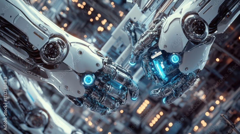 Poster precision robotics, synchronized robotic arms assembling electronic products.