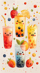 Kawaii Bubble Tea: Colorful Fruit Illustration Design