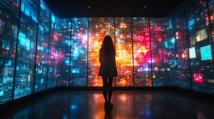 Young woman gazes at vibrant digital art installation in modern exhibition space at night....