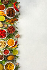 Various cooking spices and herbs spread across a neutral gray background, showcasing their rich, natural tones, top view and copy space