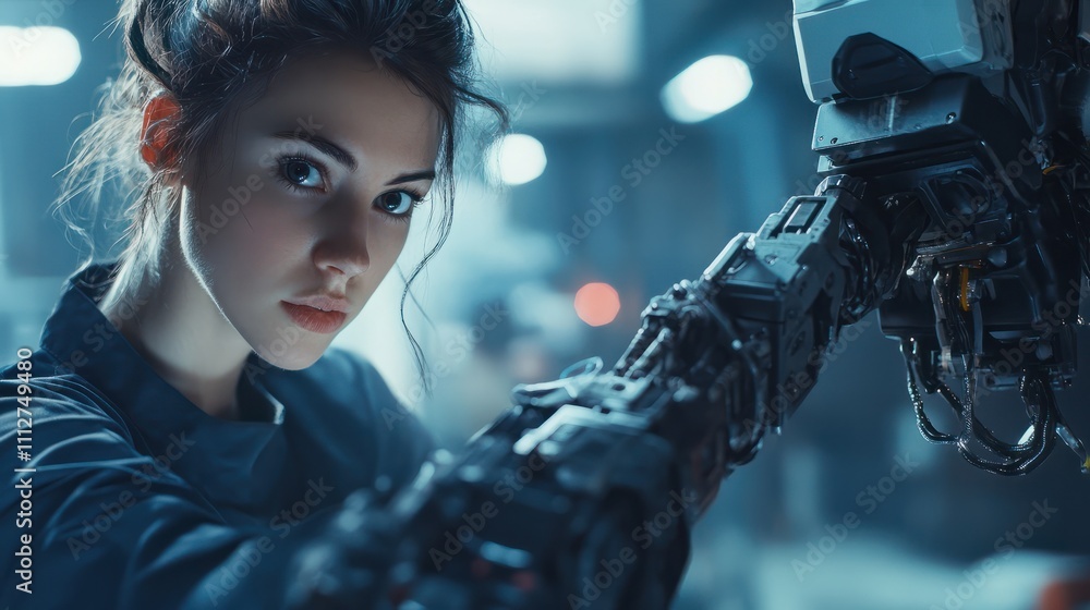 Poster robotic maintenance engineer working on robot arm connection and control using a remote control. sma