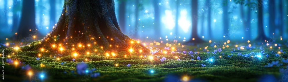 Poster a mystical forest scene with glowing lights around a large tree, creating an enchanting and serene a