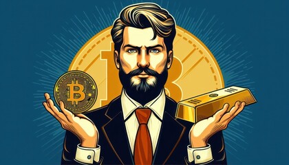 Man holding bitcoin coin among gold bars with flat illustration content created with generative AI software.