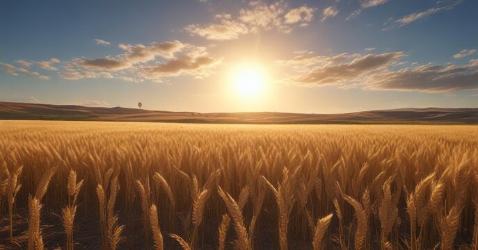 The sun casts a warm glow over a field of golden wheat as it grows and matures in the rich soil under clear blue skies, crop growth, farmhouse landscape, fields of gold, rural views, sunny day
