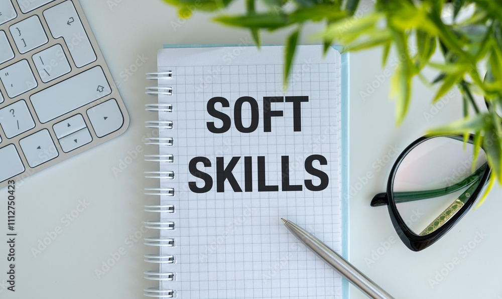 Aufkleber soft skills text on a clipboard with keyboard and color folder .