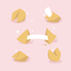 Set of Chinese fortune cookies. Closed and cracked cookie with blank paper for message, wishing. Food illustration in cartoon style.