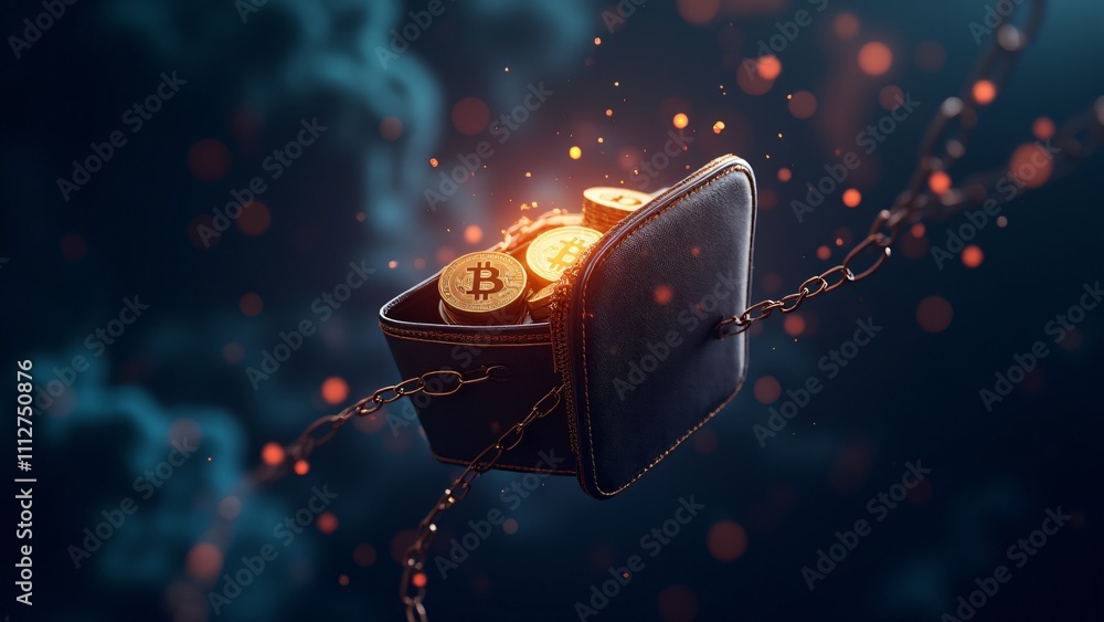 Poster a digital wallet containing glowing cryptocurrency coins, surrounded by blockchain chains, symbolizi