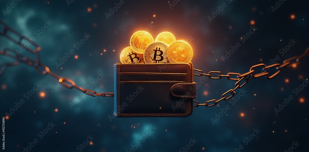 Poster a digital wallet containing glowing cryptocurrency coins, surrounded by blockchain chains, symbolizi