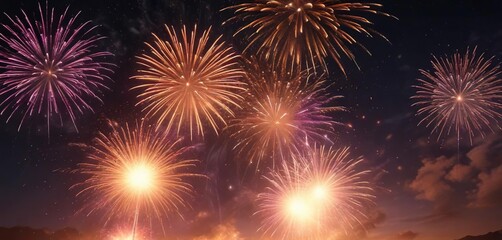 Fototapeta premium Vibrant fireworks exploding in the night sky with shades of orange and pink, colorful lights, multicolored sparks