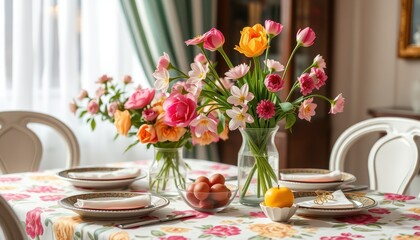 Easter table setting with vibrant flowers and eggs.