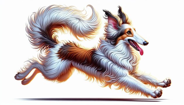  a breathtaking, highly detailed, illustration of a vivid barzoi, with fluffy white fur and brown accents, leaping enthusiastically into the air 
