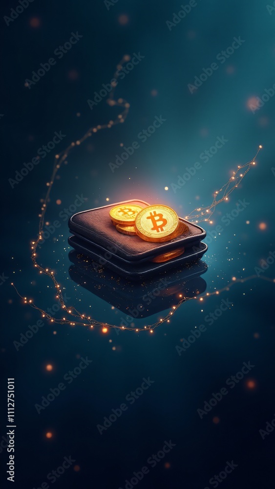 Poster a digital wallet containing glowing cryptocurrency coins, surrounded by blockchain chains, symbolizi