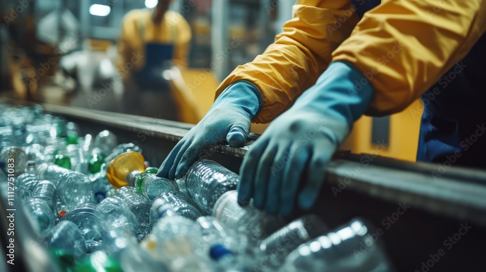 Poster the hands of the employee in gloves are close-up. on the conveyor for recycling and sorting garbage 