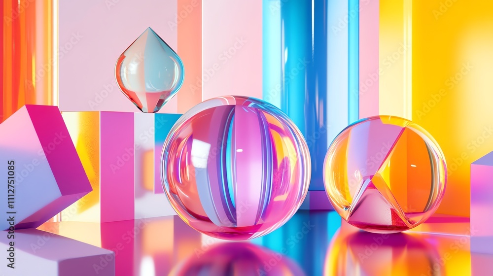 Poster abstract 3d rendering with colorful geometric shapes and glass spheres.