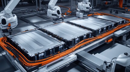The electric car battery manufacturing line features industrial robot arms assembling lithiumion EV battery packs inside an automotive smart factory with white robotic arms at the