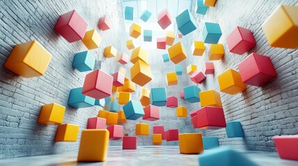 Colorful Floating Cubes in an Abstract Space: Creative Design Elements for Modern Art and Interior...