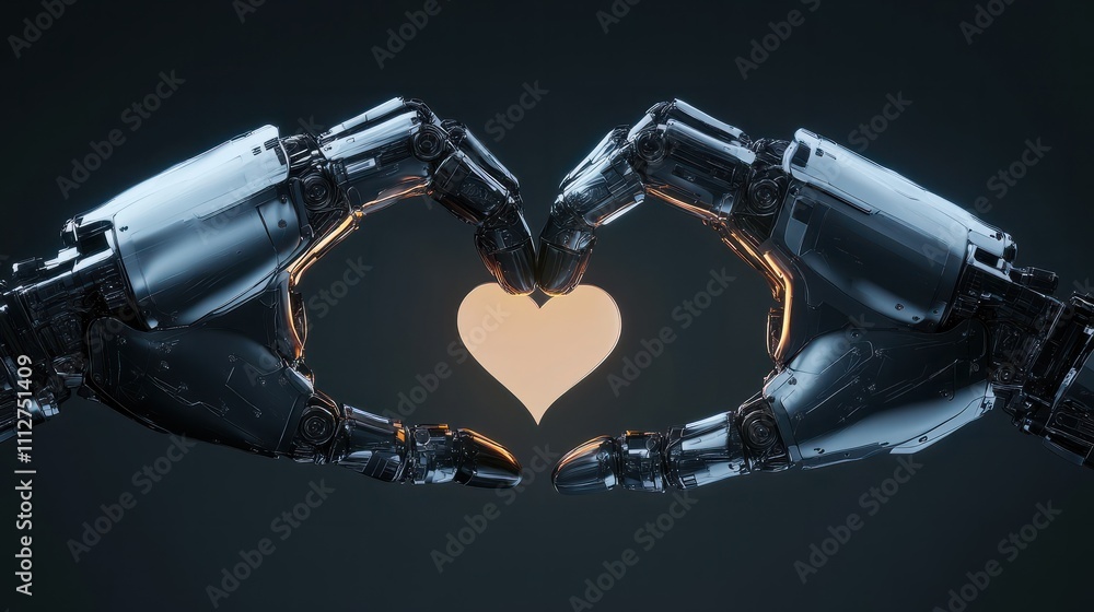 Poster two robotic hands form a heart shape, symbolizing unity and connection through advanced technology