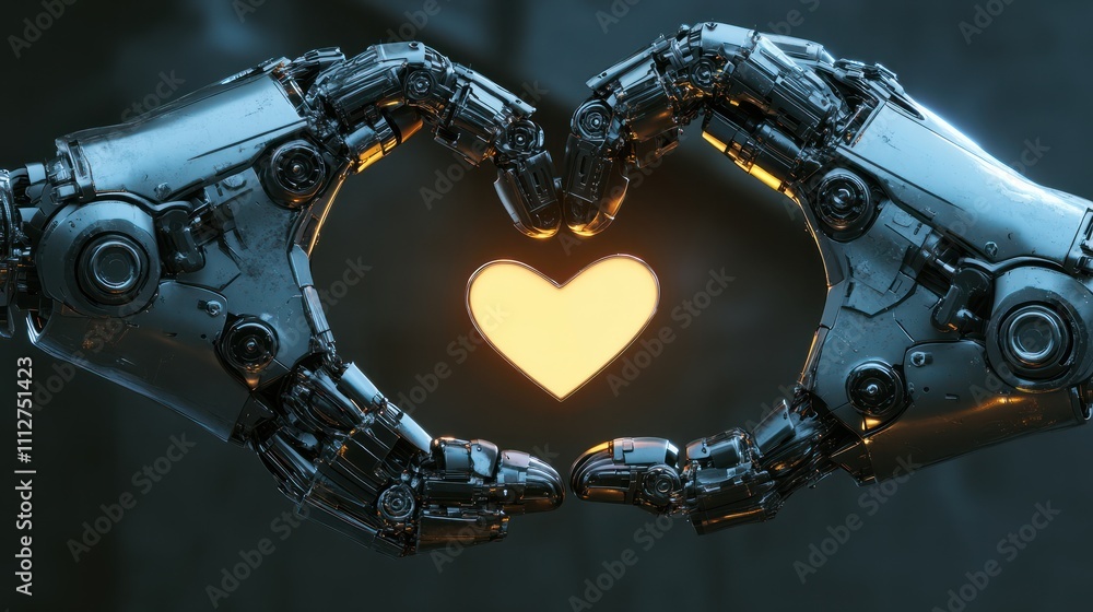 Poster two robotic hands form a heart shape, symbolizing unity and connection through advanced technology