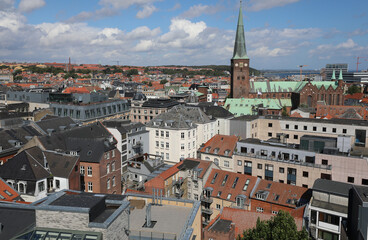 aerial view of the scandinavian european city with steep roofs and bell towers,,,