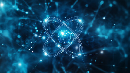 Obraz premium Creative Abstract Background Featuring Atom Icons, Blue Energy, and Geometric Connectivity 