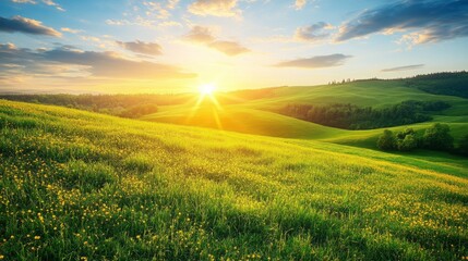 Fototapeta premium Sunlit Meadow with Rolling Hills and Yellow Wildflowers