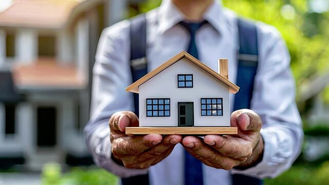 Real estate agent holding house model in hand. Concept buying and selling. Mortgage loan agreement residential property investment. Broker giving new home contract client. Sale success financial.