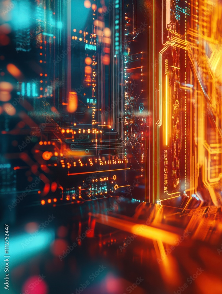 Poster abstract glowing circuit ai hologram with dna on blurry background. ai and science concept. double e