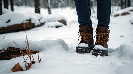 A pair of shoes resting in fresh, untouched snow, capturing the essence of winter exploration and outdoor adventure.
