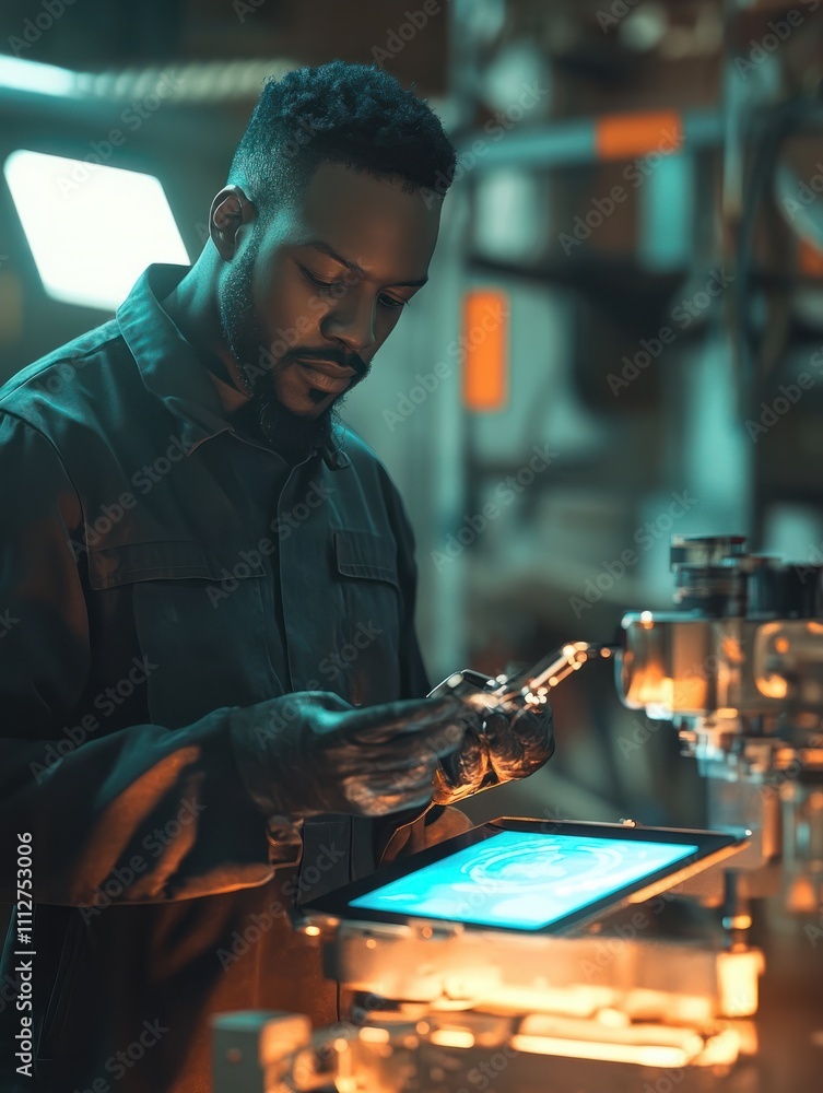 Poster african american male engineer worker using digital tablet control automatic robotic hand machine in