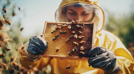 A beekeeper in a protective suit examines a frame filled with honeycomb while bees buzz around in a sunny outdoor setting. The focus is on the careful interaction with the hive