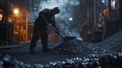 In a dimly lit warehouse at night, a worker in safety gear shovels coal from a mound onto the ground. The atmosphere is filled with smoke and industrial surroundings