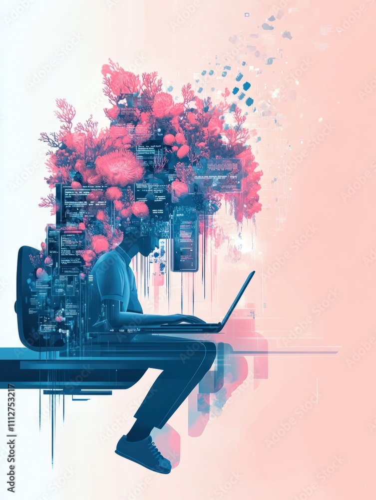 Poster analyst working at laptop with automation process. business process automation, business process wor