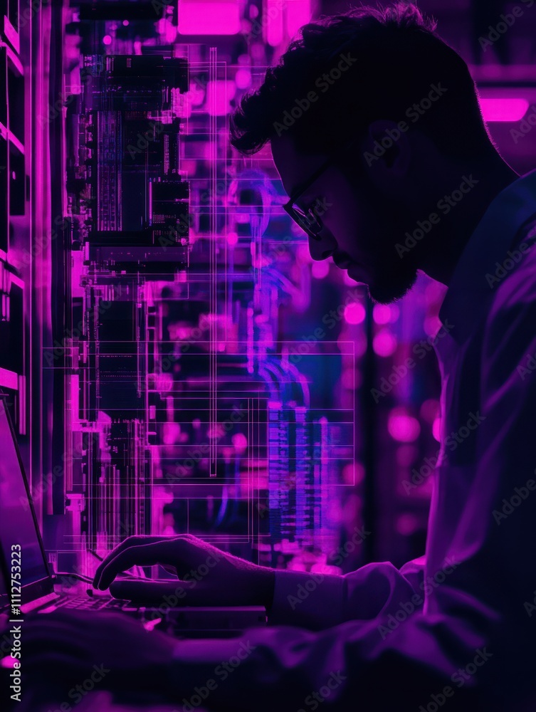 Poster analyst working at laptop with automation process. business process automation, business process wor