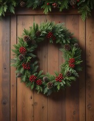A charming Christmas wreath is hung on a rustic wooden door with a mix of evergreen branches, pinecones, and holly berries, seasonal decorations, holly berries, christmas wreaths